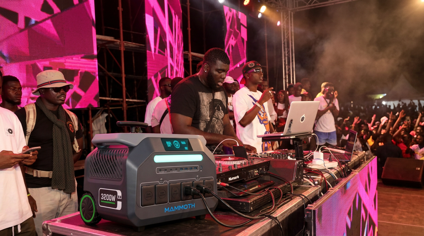 DJ performing at a Ghanaian festival with decks powered by a GMF Mammoth Energy CT-P2048 wheeled power station