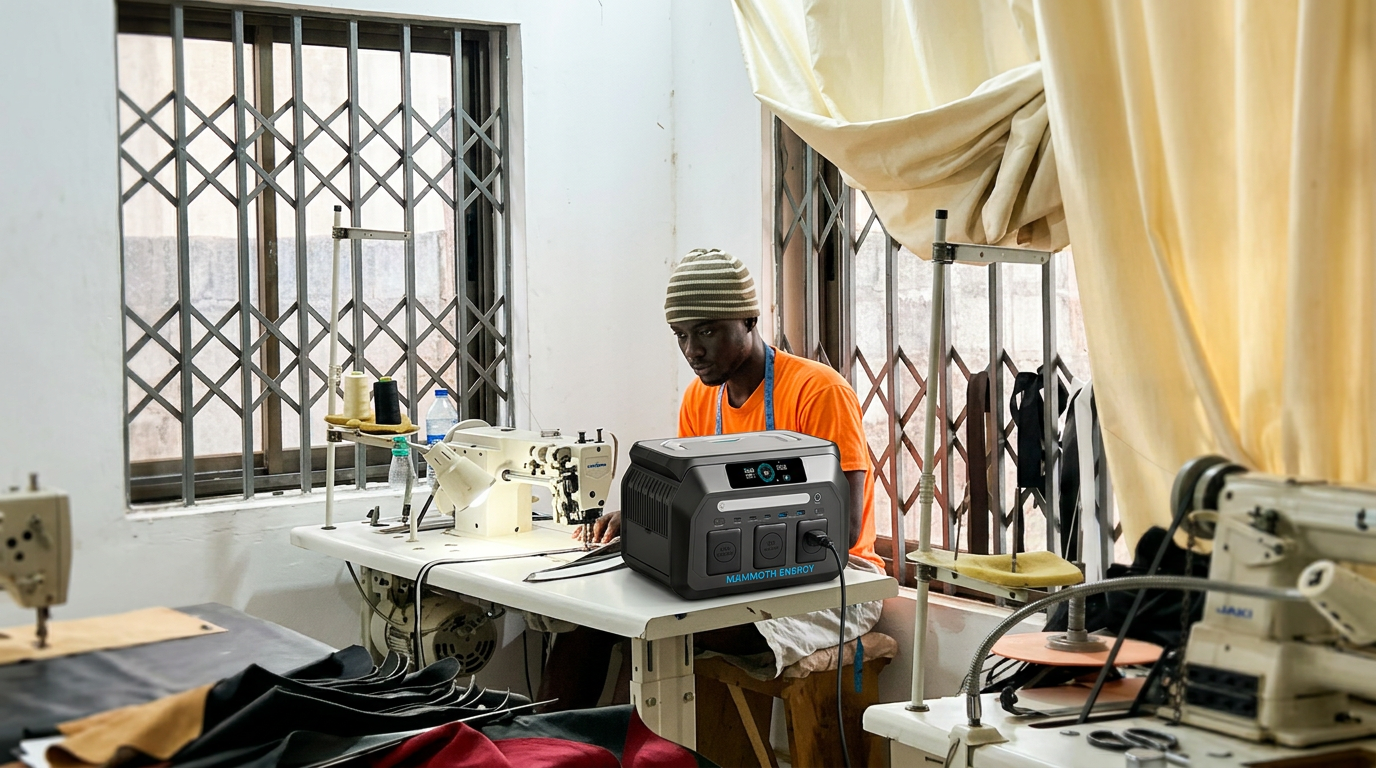 Tailor powering a sewing machine with a GMF Mammoth Energy portable power station