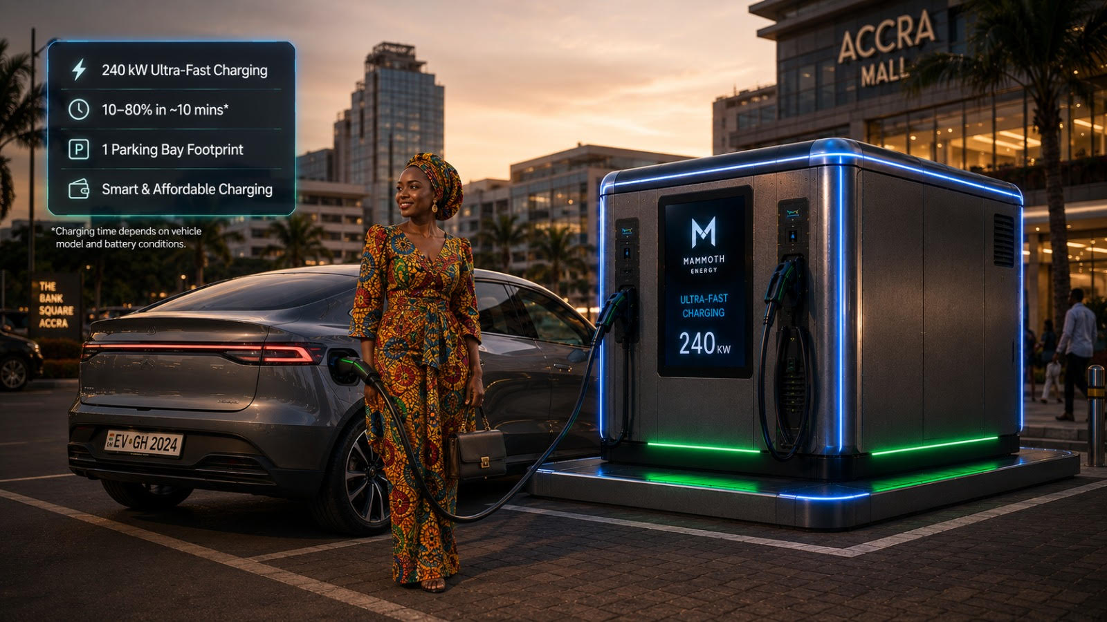 Mammoth Energy 240 kW ultra-fast charger at Accra Mall with EV and driver