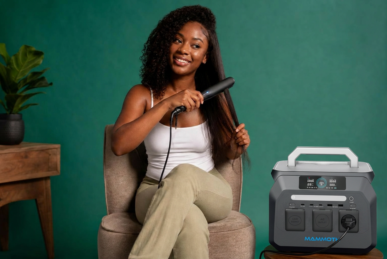 Young Ghanaian woman straightening her hair, powered by a GMF Mammoth Energy CT-P512 portable power station
