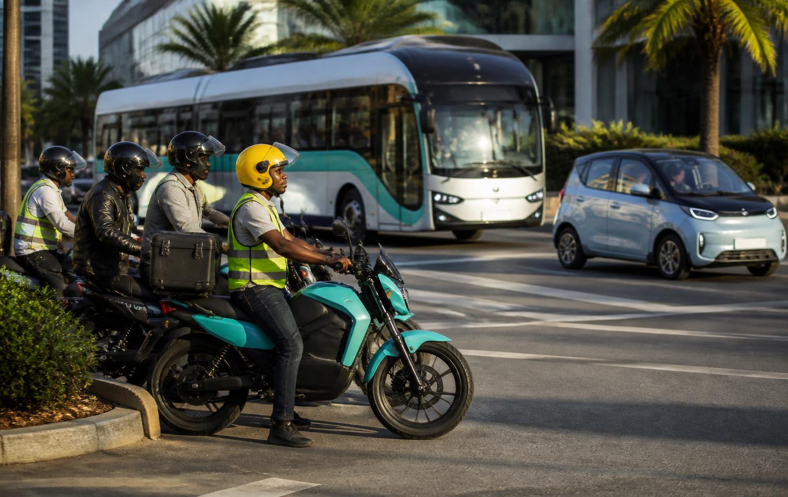 Electric boda-boda riders, an electric taxi and an electric bus at a busy African city intersection