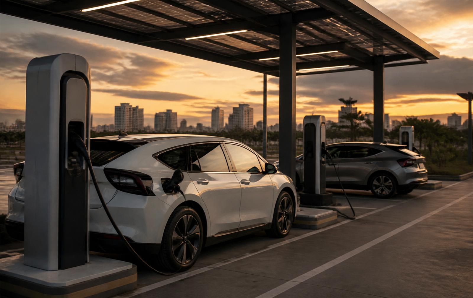 Battery-buffered ultra-fast EV charging station with solar canopy in an African city at sunset