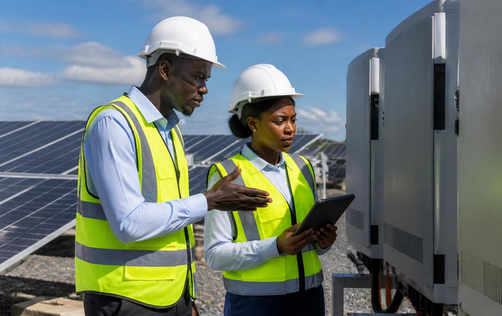 GMF Mammoth engineers reviewing plans on-site with solar panels and battery storage in the background