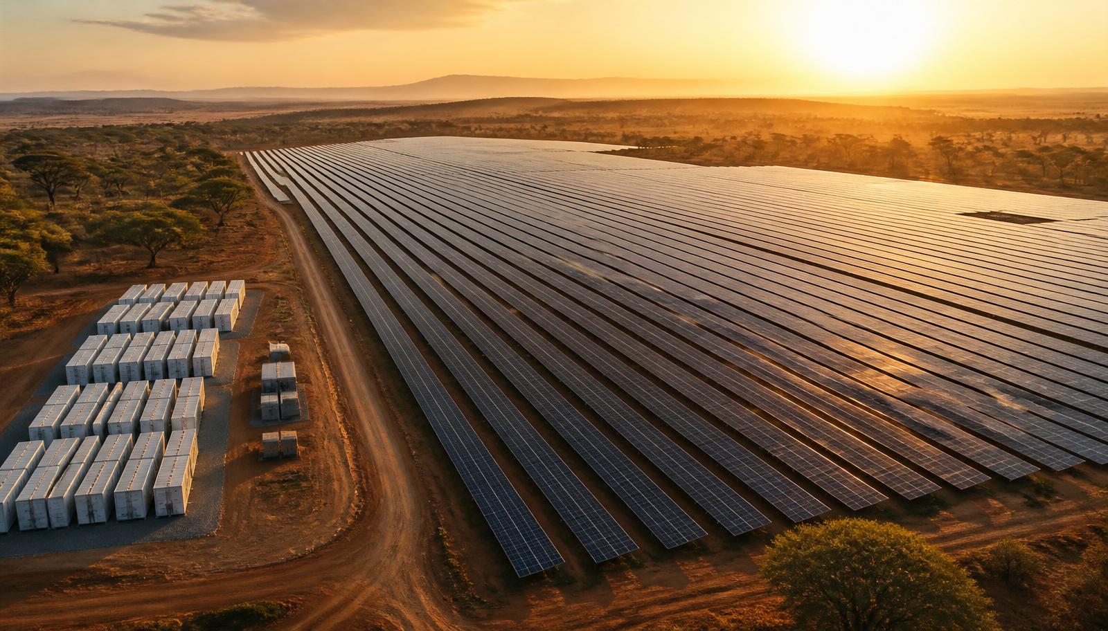 Aerial view of a large-scale African solar farm with battery storage container units