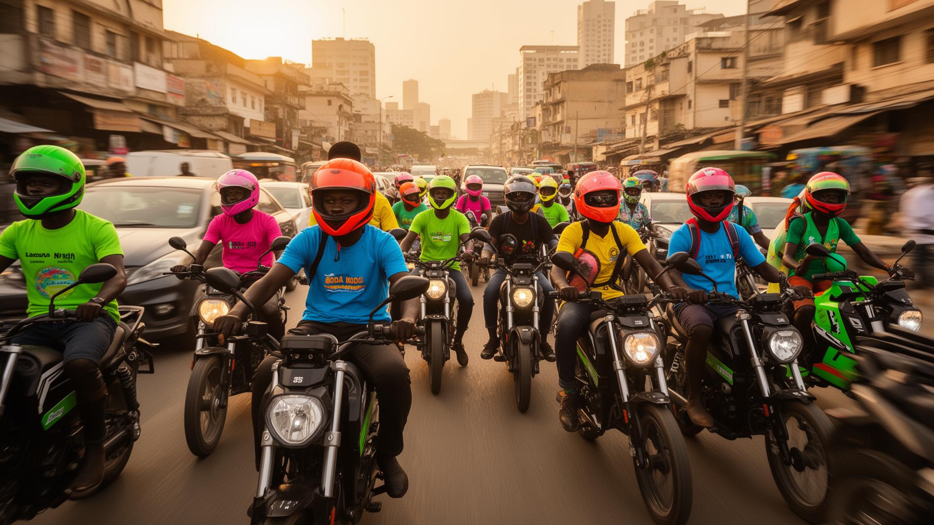 A colourful crowd of African boda-boda and okada riders on electric motorcycles in Lagos traffic