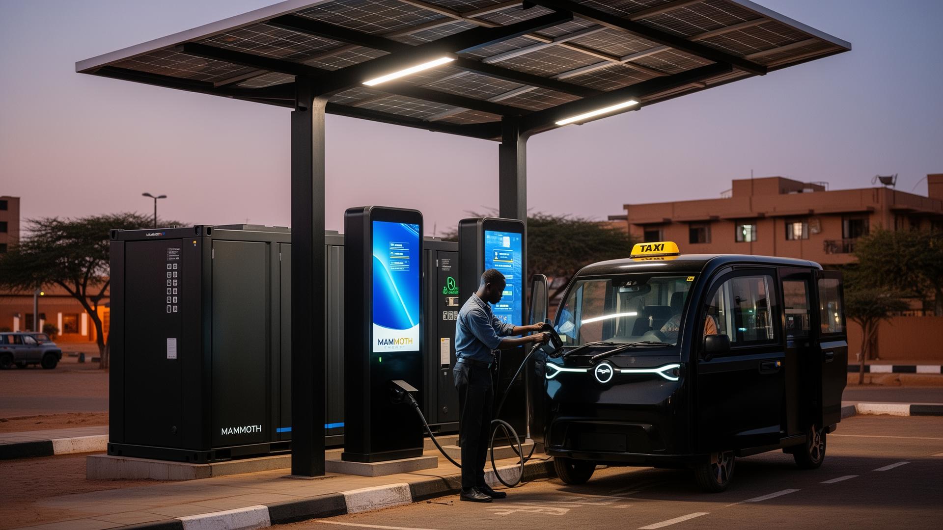 A GMF Mammoth Energy battery-buffered ultra-fast charging station serving an electric taxi at dusk