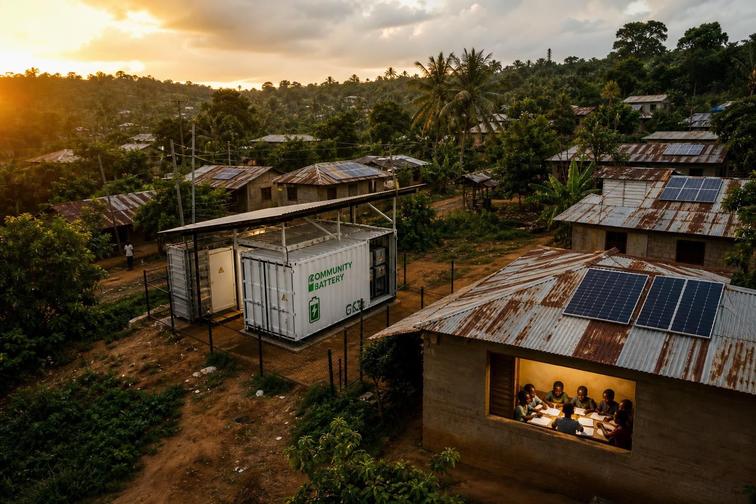 Aerial view of a rural African village with solar panels on rooftops and community battery storage at golden hour