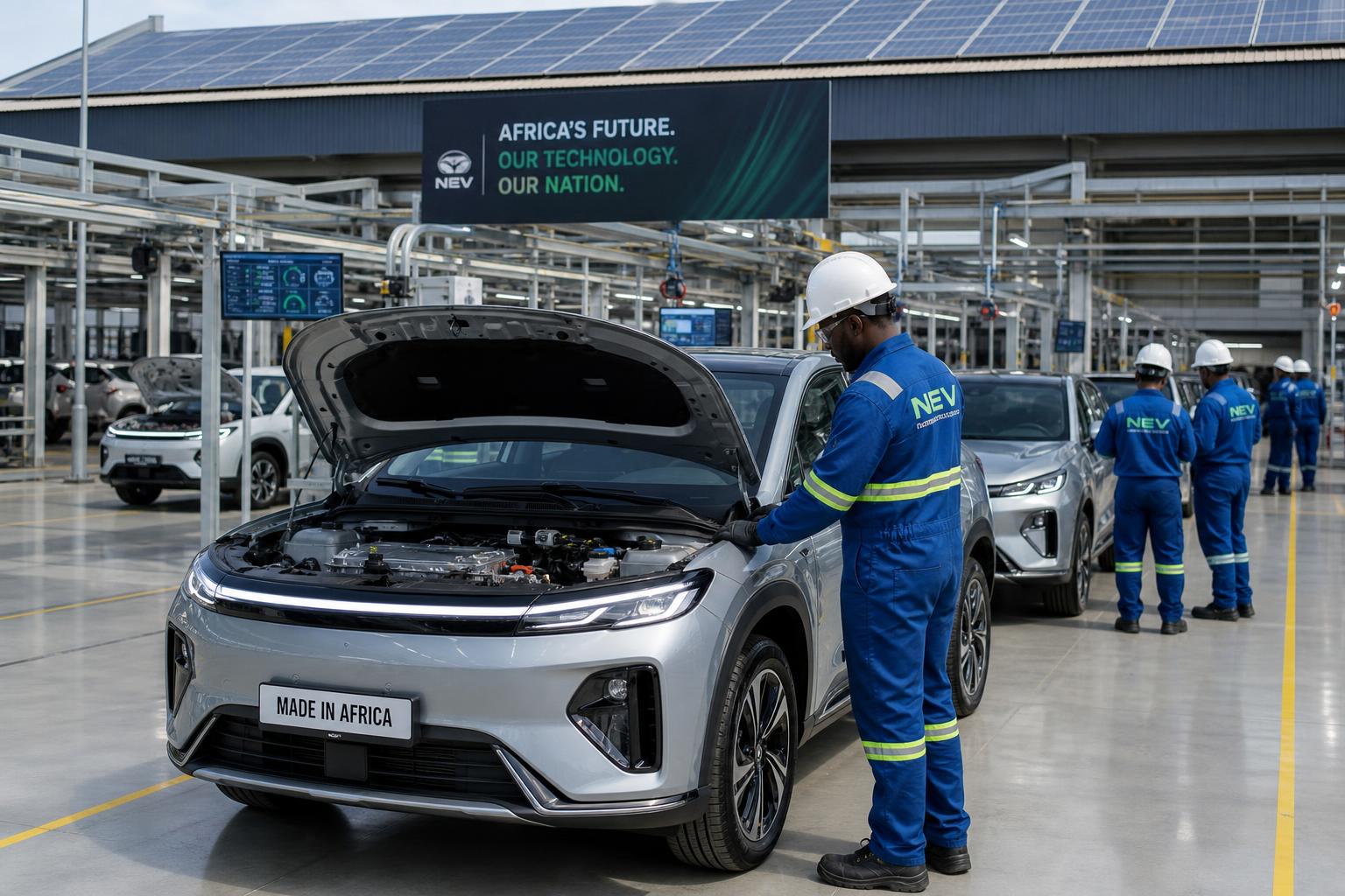Workers assembling electric vehicles inside a modern African factory with solar panels on the roof