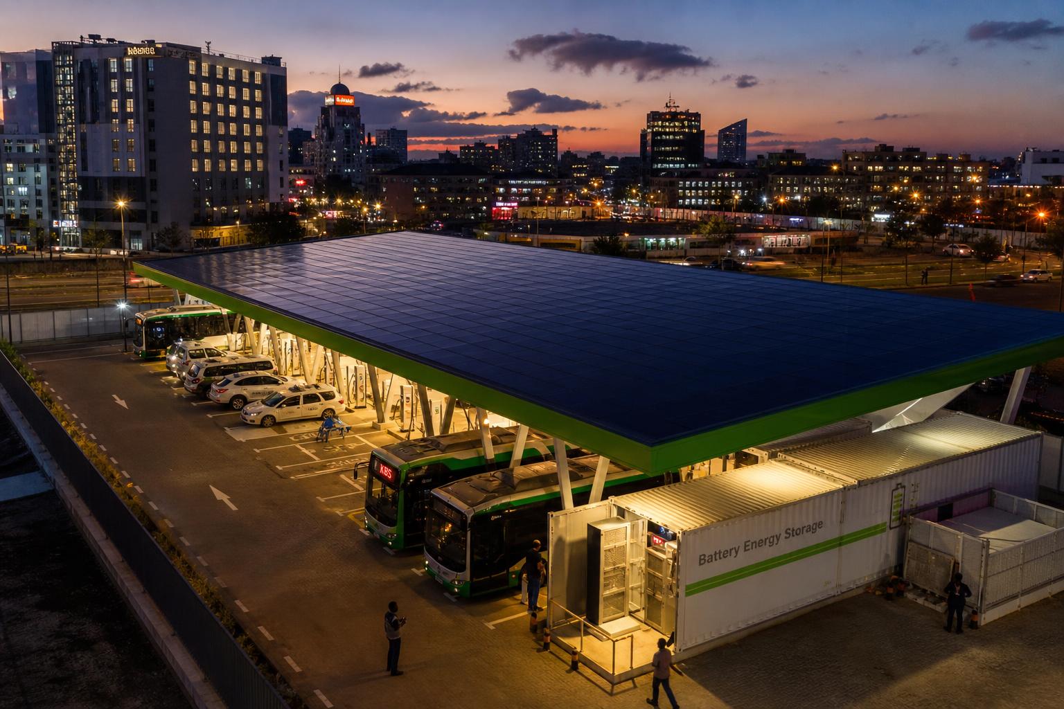 A solar-canopied GMF Mammoth Energy ultra-fast EV charging station with integrated battery storage at dusk