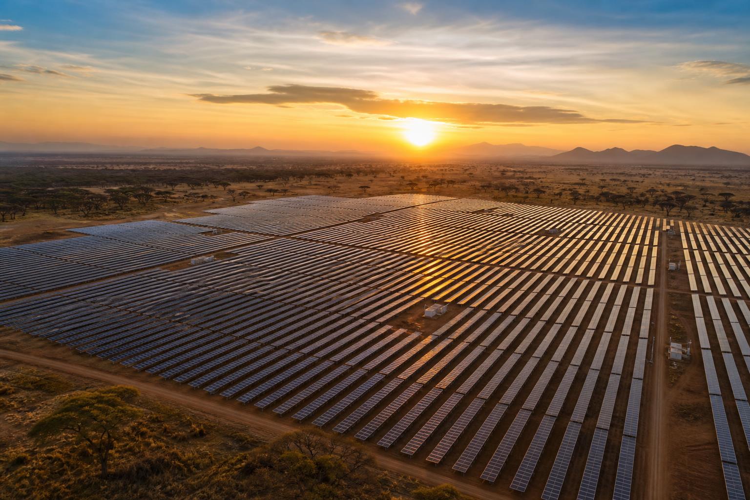 Aerial view of a vast utility-scale solar farm across the African savanna at golden hour
