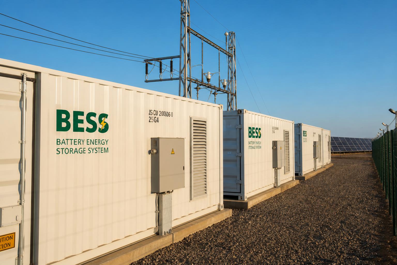 Containerized battery energy storage systems beside solar arrays in an African industrial yard